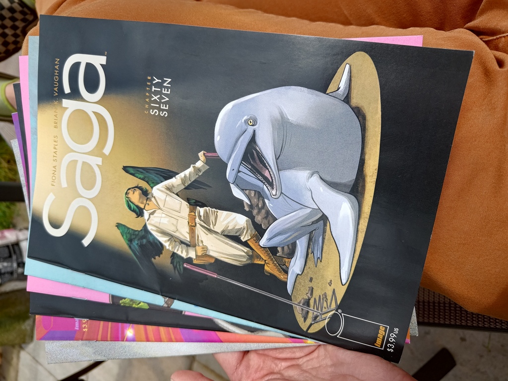 a stack of saga comic books