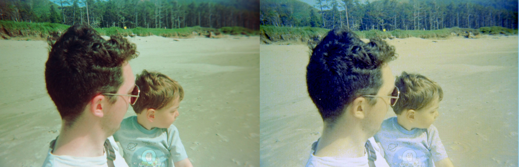 The same photograph digitized; left: using the scanlight right: using the cheap lightboard